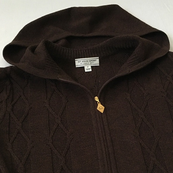 ST. JOHN Santana Knit Twin Set Tank Hooded Zip Cardigan Small Brown - Picture 6 of 13